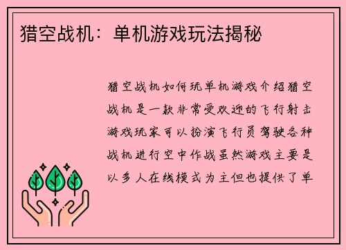 猎空战机：单机游戏玩法揭秘