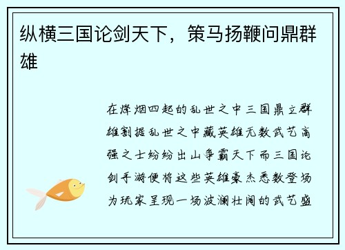 纵横三国论剑天下，策马扬鞭问鼎群雄